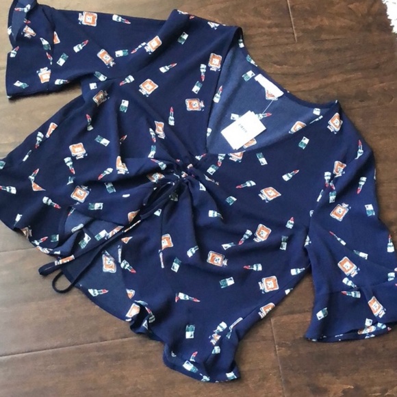 Elodie Blue Perfume Lipstick Print Ruffled Blouse - Picture 4 of 6